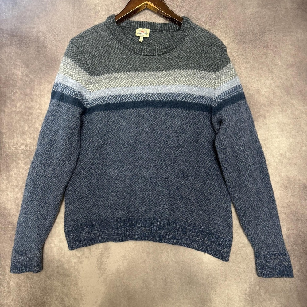Faherty Sweater Women's Large Blue Merino Wool Herringbone Crewneck‎ Pullover